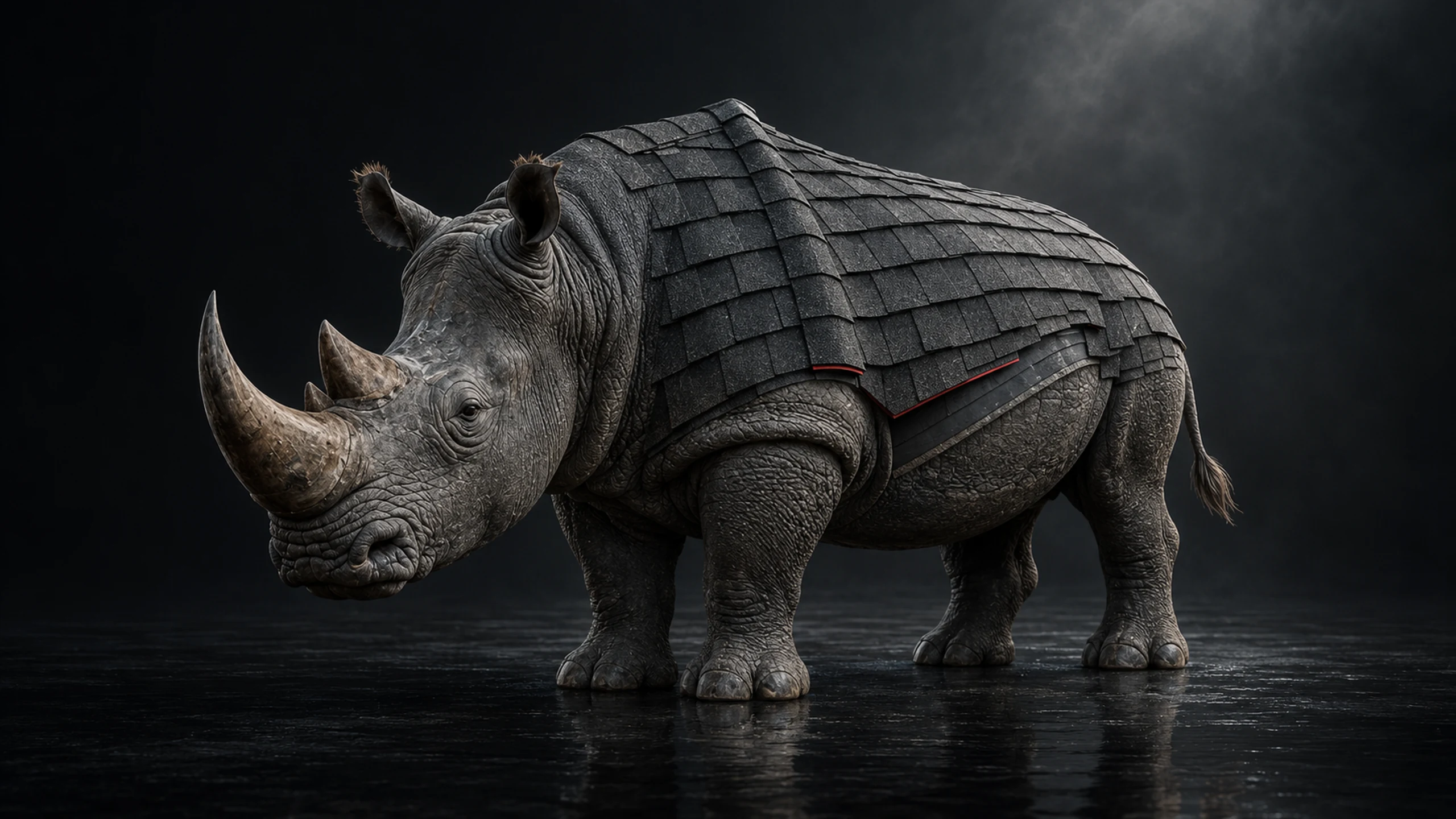 Rhino Roofworks' Rhino Guardian, its shell built from charcoal architectural roof shingles with a red flashing line.